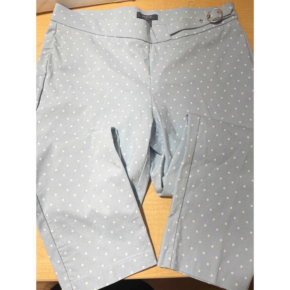 Verve Blues Womens XL Light Blue White Polka Dot Ankle Pants Side Buckle Stretch
